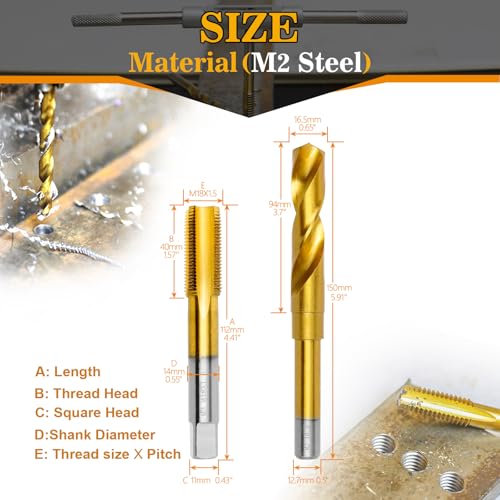 Image of M18x1.5 Tap and 16.5mm Drill Bit Kit, M2 HSS Metric Drill and Tap Set, Combination of Drill and Tap Kit for Metal