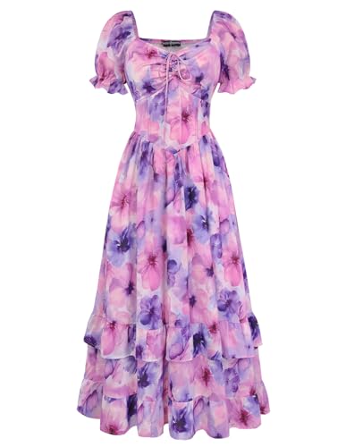 Image of Scarlet Darkness Women Floral Maxi Dress Puff Sleeve Tea Party Corset Dress | Pockets, Ruched Bust, Ruffled Hem, for Cottagecore Fairy Milkmaid Vacation