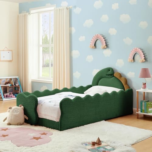 Image of Twin Size Kids Bed with Dinosaur Headboard, Upholstered Boucle Fabric Twin Daybed with Slats Support & Side Pocket, Space-Saving Wooden Corner Sofa Couch Day Bed Frame for Girl, Boy, Teenager(Green)