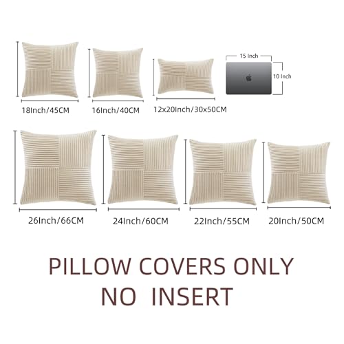 Image of Fancy Homi 2 Packs Tan Big Decorative Throw Pillow Covers 24x24 Inch for Living Room Couch Bed Sofa, Farmhouse Boho Home Decor, Soft Corss Corduroy Patchwork Accent Square Beige Cushion Case 60x60 cm