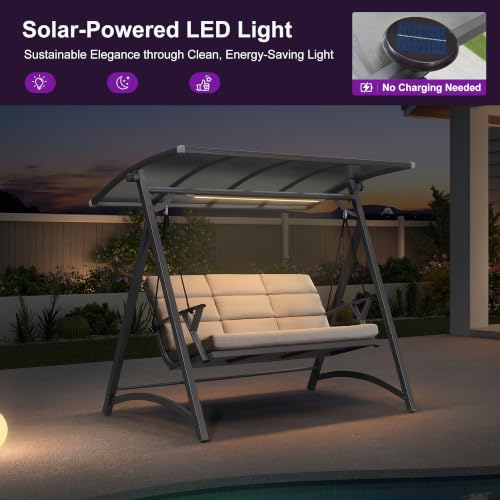 Image of PURPLE LEAF Porch Swing 3 Person Patio Swing Chair with PVC Canopy Outdoor Deluxe Modern Yard Hammock Swinging Chairs w /Solar LED Light and Cushions for Backyard Glider Outside Loveseat Bench
