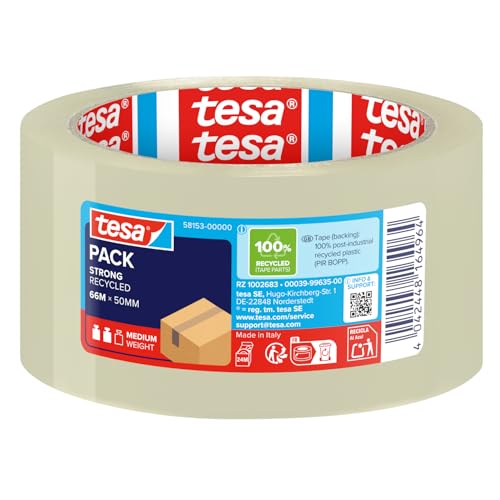tesa pack STRONG RECYCLED - Paketklebeband aus 100% recyceltem Kunststoff Klebeband für mittelschwere Pakete - UV- und alterungsbeständig - Transparent - 66 m x 50 mm