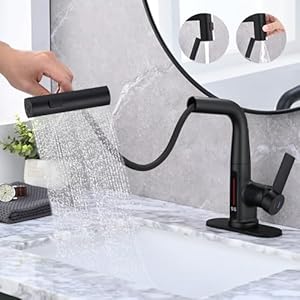 Dornberg Waterfall Bathroom Faucet with Pull Out Spraye, Liftable Bathroom Faucet, 3 Modes Digital Temperature Display Bathroom Sink Faucet with Deck Plate & Pop-up Drain – Matte Black