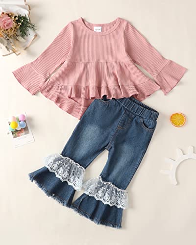 Image of Baby Girl Clothes Toddler Girls Winter Outfits Infant Clothing Ruffle Top Denim Pants Jeans Cute Fall Outfit Set
