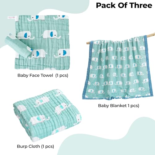Image of BEMBIKA Fleece Throw Baby Swaddle Blanket, Muslin Burping Cloth and Cotton Washcloths Face Towel Combo for Newborn Infants - Sage Elephant (Pack of 3)