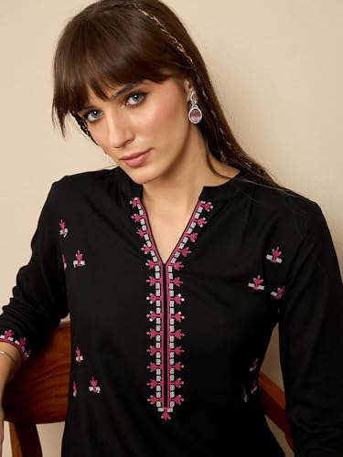 Image of INDO ERA Women's Cotton Straight Fit Floral Embroidered Kurta (KT0GN9776)
