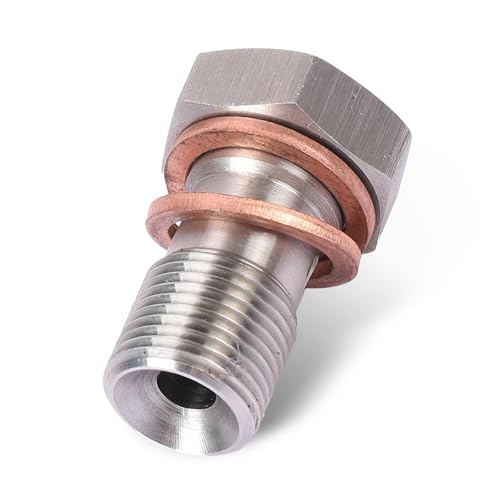 Image of YAWUROU M10 x 1.25 Metric Stainless Steel Single Banjo Bolt Brake Fitting Adapter, 20mm Long Thread Brake Line Fitting with Two Copper Spacers, Universal for Most Cars