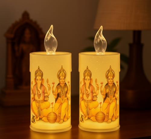 Image of Ganesha LaxmiJi Set of 2 LED Tea Light Candles | Decorative Acrylic Candle | Home Decor, Navratri Decor Items, Diwali Decoration Item, Room, Table, Pooja Room Decor (Yellow) | Popo Toys