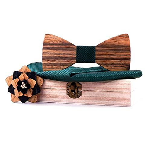 HZQIFEI Noeud Papillon Bois, Ensemble 3 Pièces Noeud Papillon en Bois + Carré de Poche + Broche en Bois à Fleurs, Taille Réglable (C6, 3PCS)