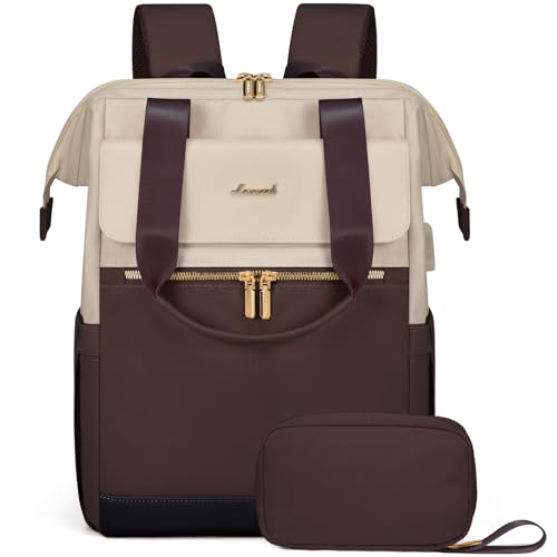 Image of LOVEVOOK Laptop Backpack for Women, 15.6 Inch Work Laptop Bag with USB Port, Fashion Teacher Nurse Backpack Purse, Waterproof Travel Computer Backpack with Organizer Bag, 2PCS, Apricot-Coffee