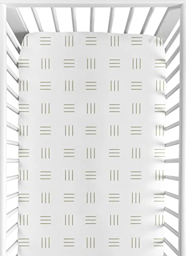 Image of Sweet Jojo Designs White and Green Boho Mudcloth Boy or Girl Fitted Crib Sheet Baby or Toddler Bed Nursery - Sage Bohemian Woodland Tribal Southwest Mud Cloth Hatch Gender Neutral Triple Line