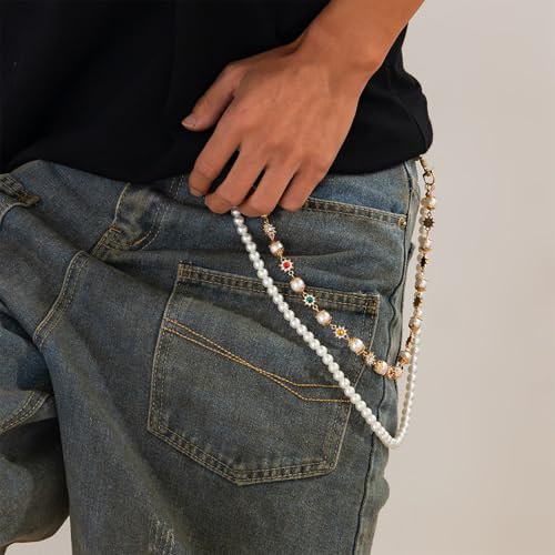 Fashionable Pearls and Floral Chain Belt Pants Chain for Women Men Elegant Design Enhances Outfit Versatility and Charm, 47cm/ 57cm, Metal, Imitation Pearls, Rhinestones, No Gemstone3