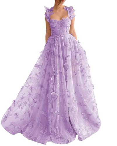Image of YUAOHUANG Corset Long Tulle Prom Dresses Butterfly Prom Dress for Women Lace Applique Fairy Ball Gown Butterfly Gowns