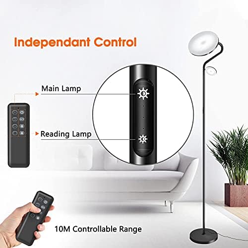 Tacopet 2 LEDs Floor Lamp Main Uplighter 27W 2000LM, Side Reading Lamps 7W 400LM, Dimmable Adjustable Standing Light with 4 Color Temperature, Remote & Touch Control for Living Room, Bedroom, Office