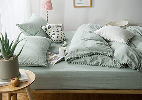 Tannicoor Pom Fringe Duvet Cover Set - 2 Piece Natural Ultra Sofe Color Washed Cotton Bedding Set, Modern Style Down Comforter Quilt Cover With Zipper Closure(Twin, Green) #TOP3