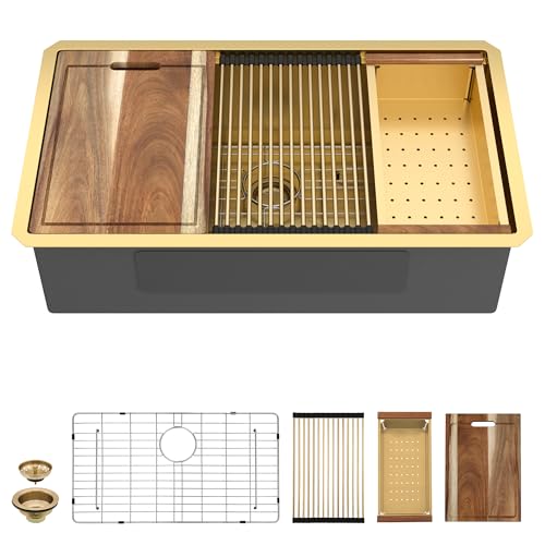 Image of 33 Undermount Kitchen Sink Gold - Fulorni 33 inchx19 inch Kitchen Sink Brushed Gold NANO-PVD Ledge Workstation 16 Gauge 304 Stainless Steel Under Counter Single Bowl Basin