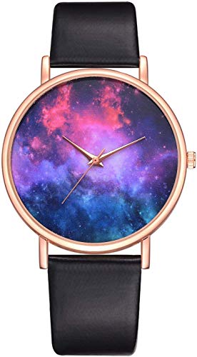 Damenuhr Quarz-Armbanduhr mit rundem Zifferblatt Bedruckt mit Himmelsmuster mit Lederband für Elegante Frauen, Schwarz