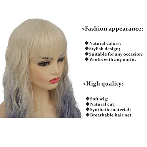 Image of Swiking Blonde Ombre Blue Curly Women Wigs with Bangs Wave Long Blonde Synthetic Hair Halloween Cosplay Daily Natural Full Wig