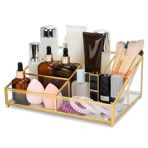 REDHUGO Makeup Organizer with 6 Sections, Make Up Holders and Organizers for Brushes, Make Up, Perfume, Makeup Holder for Desk, Bathroom, Vanity, Gold