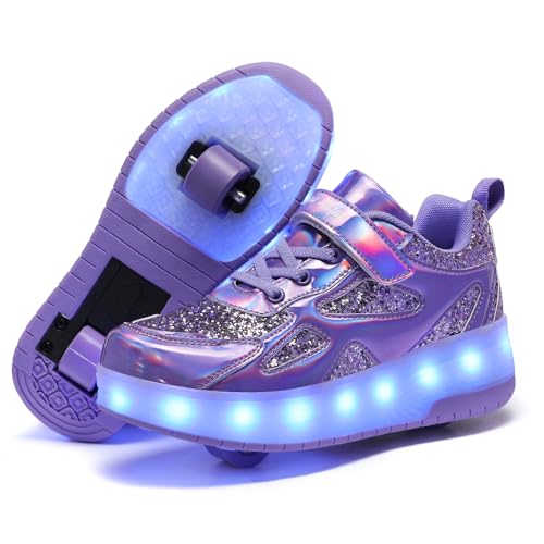 Roller Shoes Girls Sneakers Size 4 USB Charge LED Lights Shiny Wheels Shoes Glitter Material Roller Skate Shoe for Kids Gifts Purple
