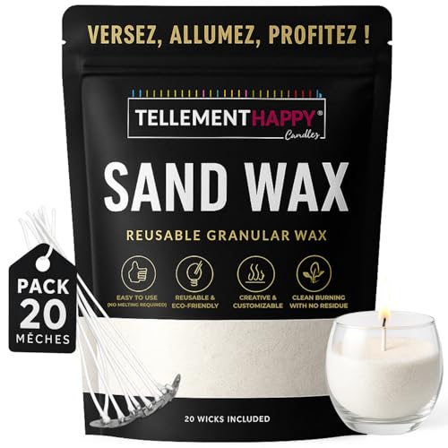 TellementHappy | Cire Bougie en Sable Non Parfumé 1Kg + 20 Mèches | Sand Wax Écologique & Réutilisable | Fabrication Bougies Facile | Granulés de Cire Végétale | Idéal DIY Bougie Maison