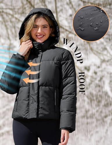 PEHMEA Women’s Black Winter Cropped Puffer Jacket with Detachable Hood – Cozy Style for Every Adventure - Image 2