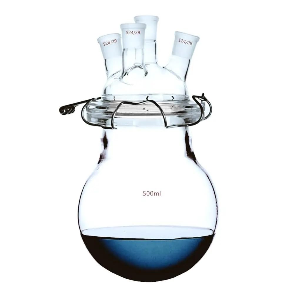 Reactor de laboratorio de 4 bocas con tapa de vidrio 24/29 de 500 ml y abrazadera de acero.