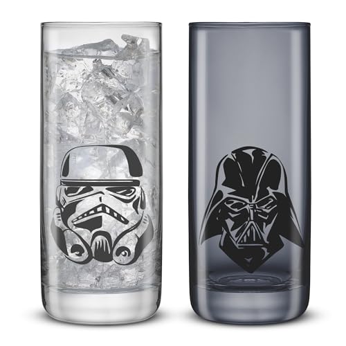 JoyJolt Star Wars Dark Side Monochrome Tall Drinking Glasses, 13oz Glass Tumbler Cup Set, Slim Darth Vader Tumbler, Kitchen Glasses Set of 2, Star Wars Gifts for Men Women and Adults