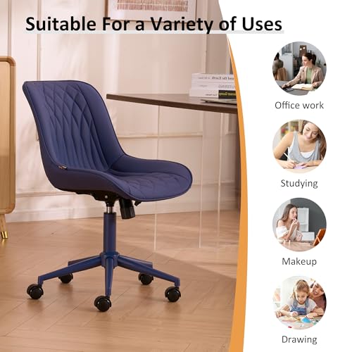 Image of YOUNIKE Faux Leather Office Chair Ergonomic Desk Chair Armless Navy Blue | Ergonomic Upholstered Rocking Back, Swivel with Wheels, Height Adjustable, Modern Task Chair For Computer Sewing Drafting