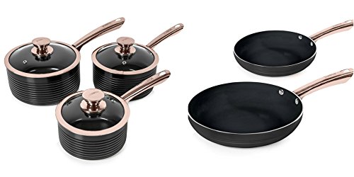 Tower Black and Rose Gold Linear 5 Piece Saucepan & Frying Pan Set with Non-Stick Ceramic Inner Coating