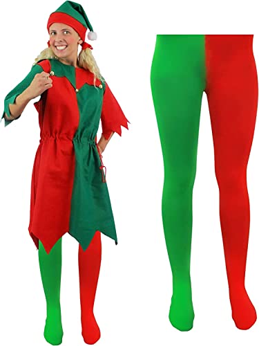 MENS & WOMENS CHEEKY ELF FANCY DRESS COSTUME. CHRISTMAS ELF COSTUME FOR MEN & WOMEN IN RED & GREEN WITH JINGLE BELLS