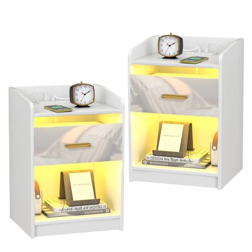 nwixbqoqn Nachttisch LED 2 Stück, Nachttisch Weiß Hochglanz mit Steckdose, 1 Schublade and 2 Offenem Ablagefach, 16 Lichtfarben, Nachtschrank Modern für Schlafzimmer, Wohnzimmer, 40x35x58 cm