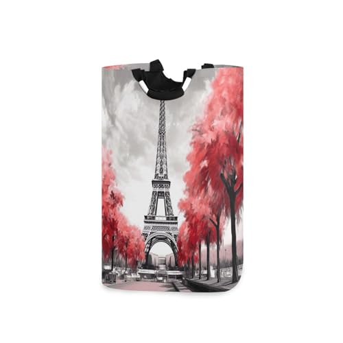 Jihqo Laundry Hamper Basket Eiffel Tower Pink Trees Collapsible Nursery Storage Bin Waterproof Clothing Baskets for Home Bedroom Bathroom Washing Room
