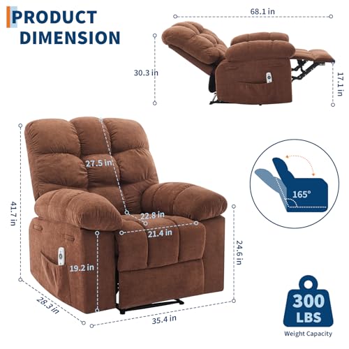 Image of Massage & Heating Recliner Chair for Adults, 150 Manual Oversized Recliner with Extra Wide Plush Seat, Overstuffed Comfortable Single Sofa for Living Room Bedroom Home Theater, Brown