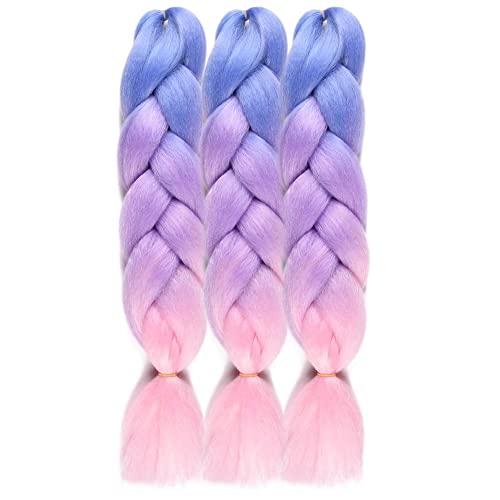 3 Pack/Lot Ombre Jumbo Braiding Hair 100g/pack 3 Tone Ombre Afro Braids Hair Extensions Kankelon High Temperature Fiber for Twist Braiding Hair (24inch,Light Blue-Violet-Pink)
