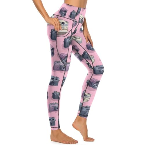 Legging d'entraînement imprimé appareil photo rose avec poches pour le fitness