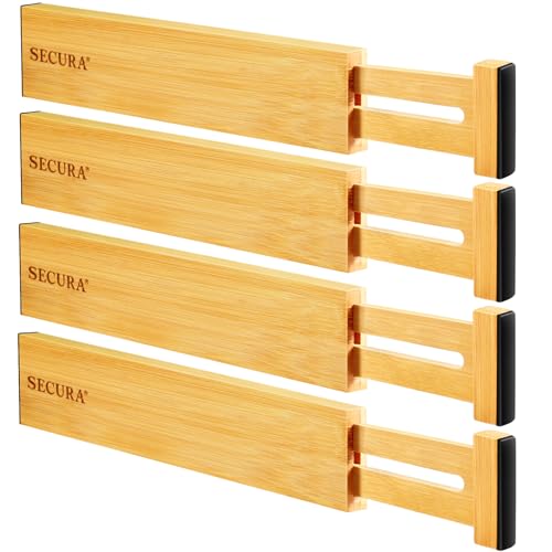 Secura Bamboo Drawer Dividers Organizer 4-Pack, Adjustable Drawer Separators Expandable from 12.0-17.1 inches for Kitchen, Office, Bathroom, Closet, Dresser