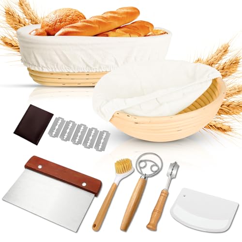 Banetones para Pan, Kit Completo de 10 Piezas con Cestas de Fermentación Redonda y Ovalada de Ratán Natural,con Raspador de Masa, Batidor, Cuchillo de Panadero y Paño de Lino,para Masa Madre y Pan Bao