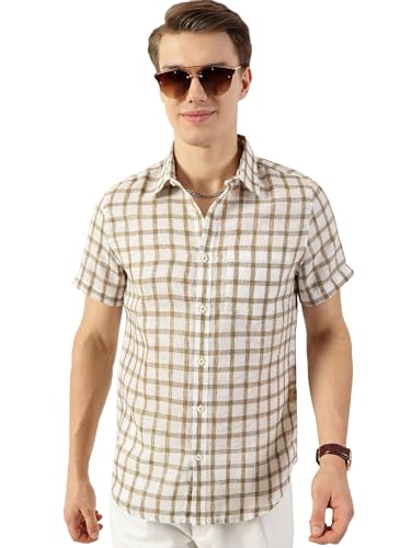 Image of Thomas Scott Men's | Checks | Half Sleeve | Slim Fit | Jute Linen | Spread Collar | Casual Shirt