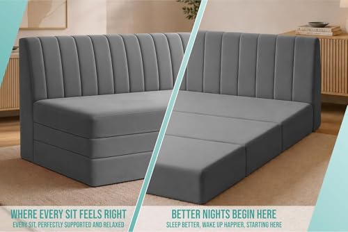 Image of Modern Velvet 3-Seater Sofa Cum Bed, Convertible Sleeper Couch Sofa for Living Room, Bedroom & Office- Grey Color