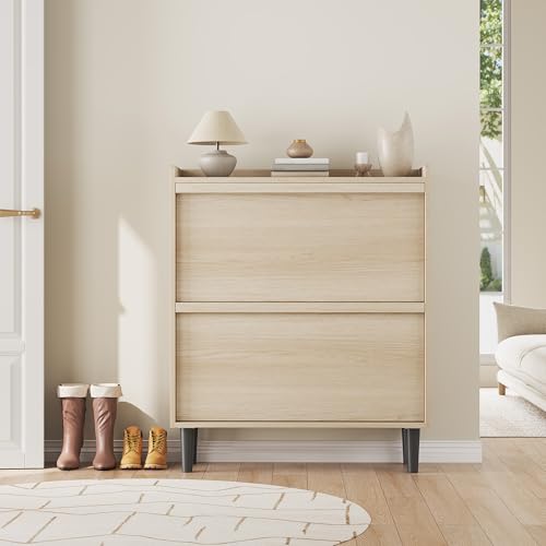 GarveeHome Shoe Cabinet with 2 Flip Drawers, Wooden Shoe Organizer with Adjustable Shelf, Shoe Storage for Entryway, Hidden Shoe Cabinet for Hallway, Living Room, Natural Oak