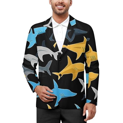 Colorful Sharks Classic Suits Blazer for Men Business Tuxedo Jacket Sport Coat Two Buttons