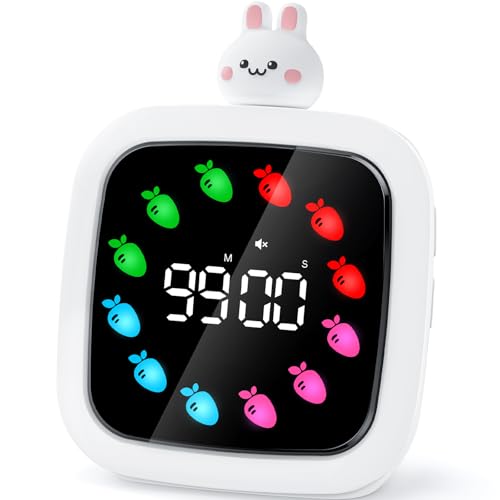 Image of Digital Visual Timer for Kids, 99-Minute Countdown, Rechargeable | 19 Music Alarm, Pause Function, 9 Optional DIY Color Carrot Display, Rabbit Doll, for Study, Homeschool, Kitchen
