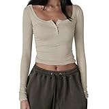 Minetom Damen T-Shirt Y2K Langarm Crop Top Sexy Oberteile Y2K Party Cropped Tee Shirts Teenage Aesthetic Mädchen Outfits U-Ausschnitt Langarmshirt Streetwear F Aprikose S