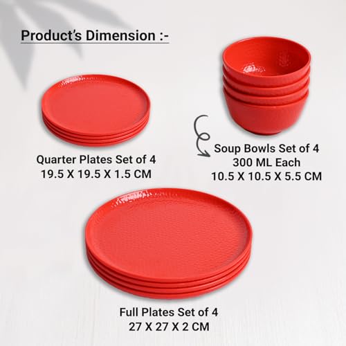 Image of MARKET 99 Heavy-Duty Red Hammered Melamine Dinner Set 12 Pieces | 4 Dinner Plates 4 Side Plates 4 Soup Bowls | Glossy Finish Durable Tableware for Daily Dining Home Kitchen