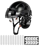 HaoYiShang Industrial Safety Helmet with Visor Ear defenders Muffs Protection Double goggles Hard Hat Vented OSHA Hardhats construction Work Head Protection Black Helmets with Reflective stickers