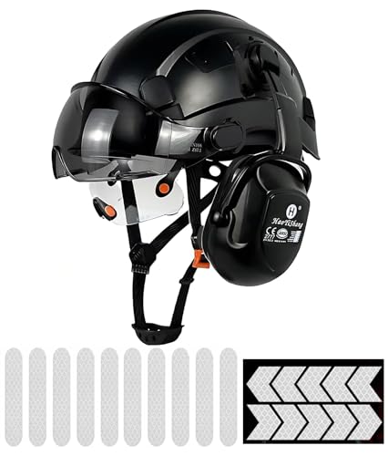 HaoYiShang Industrial Safety Helmet with Visor Ear defenders Muffs Protection Double goggles Hard Hat Vented OSHA Hardhats construction Work Head Protection Black Helmets with Reflective stickers