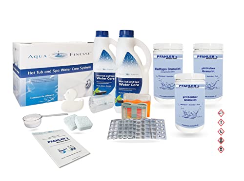 AquaFinesse Wasserpflege Set für Whirlpools, inkl. Calhypo-Chlor, pH Senker, pH Heber, Pooltester mit Testtabletten, FilterClean-Tabletten,Scum Bug absorbierender Schwamm
