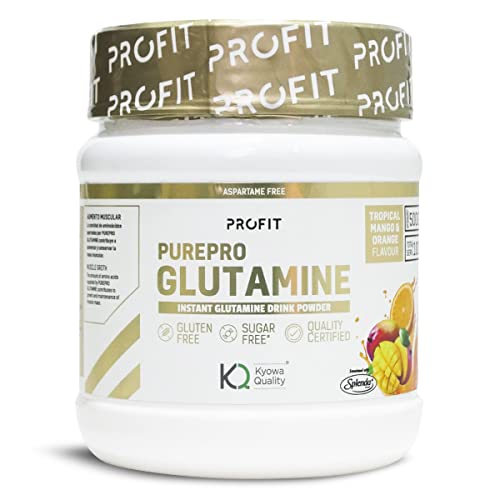 PROFIT - L-Glutamina en polvo - Calidad Kyowa - Libre de gluten - Previene la aparición de fatiga y promueve la recuperación de los tejidos musculares - Sabor Mango Tropical y Naranja - 500 gr