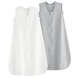 PHF Soft Baby Wearable Blanket, 100% Muslin Cotton, 2-Way Zipper, 0.5 TOG Sleep Bag, Soft & Comfortable for Baby Boys Girls, White & Grey (12-18 Months)